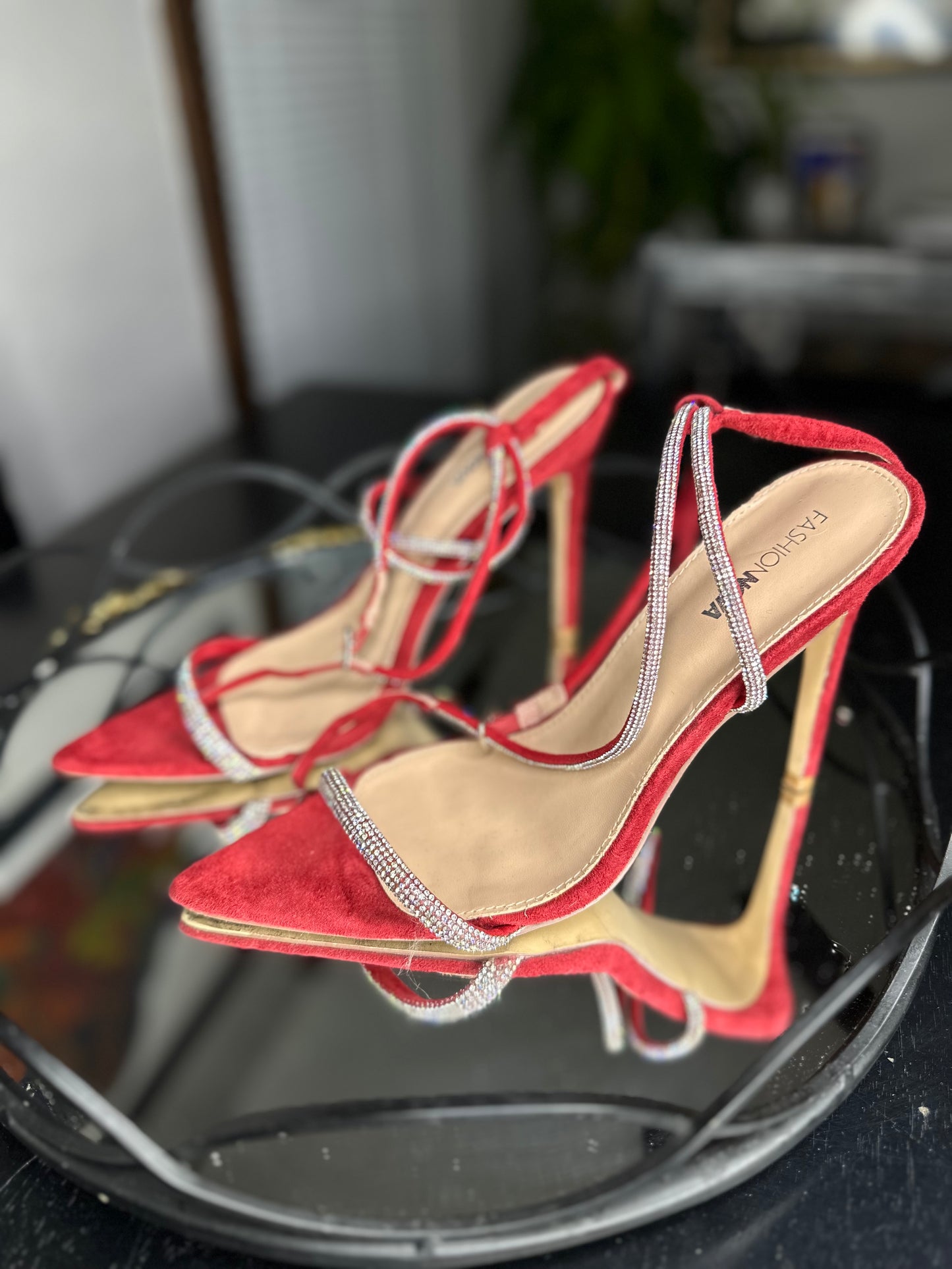 Burgundy Rhinestone Point Heeled Sandals