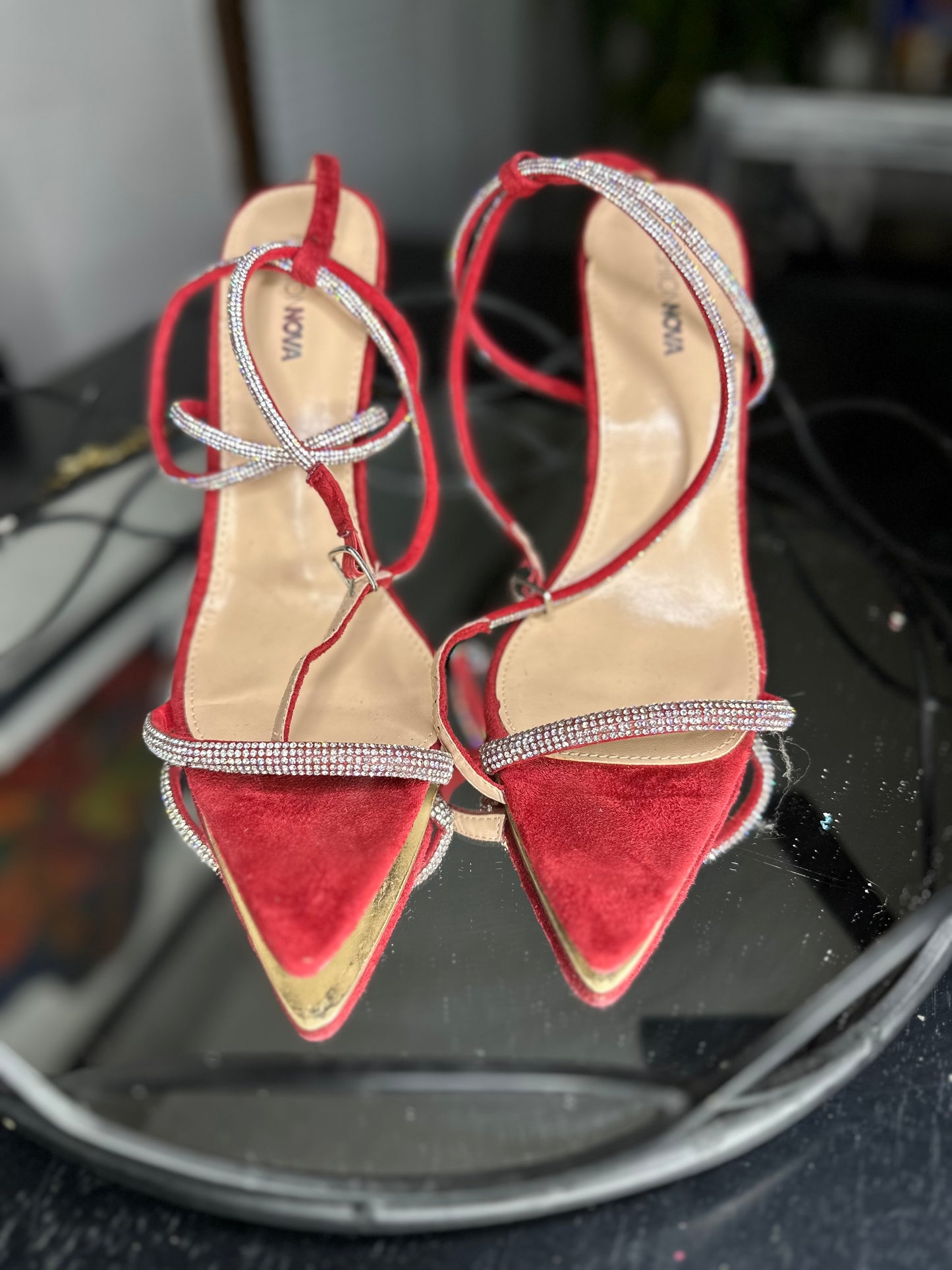 Burgundy Rhinestone Point Heeled Sandals