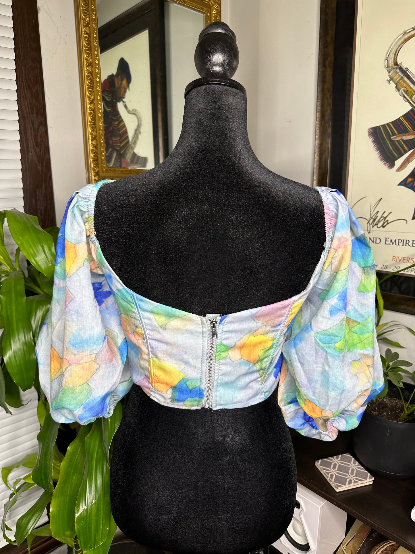 Watercolor Corset Puffed Sleeve Top