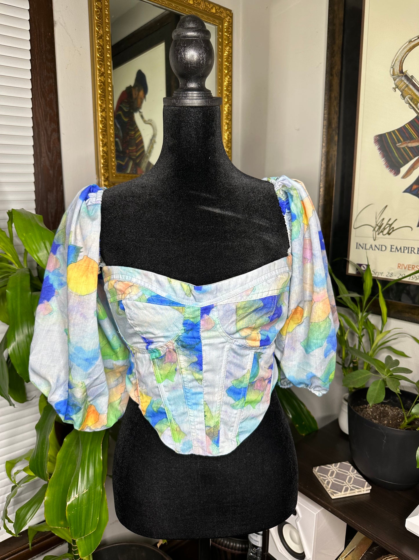 Watercolor Corset Puffed Sleeve Top