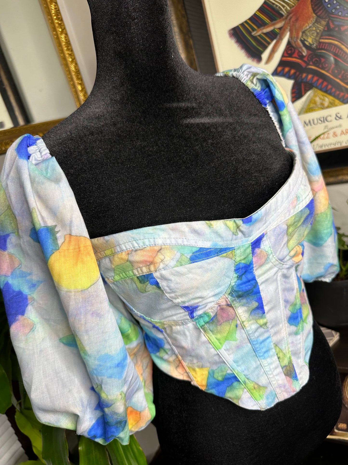 Watercolor Corset Puffed Sleeve Top
