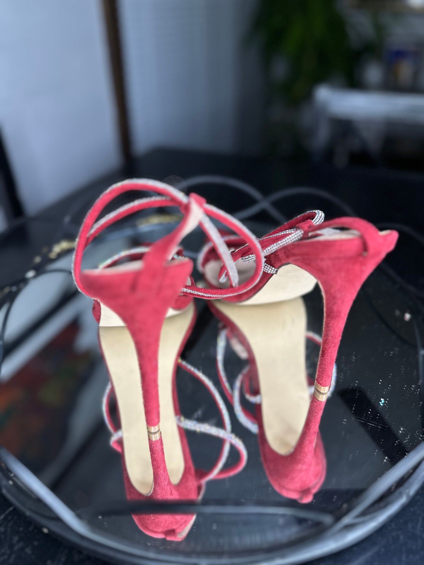Burgundy Rhinestone Point Heeled Sandals