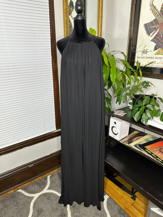 Halter Neck Pleated Sleeveless Wide Leg Long Romper Pants- Belt Not Included