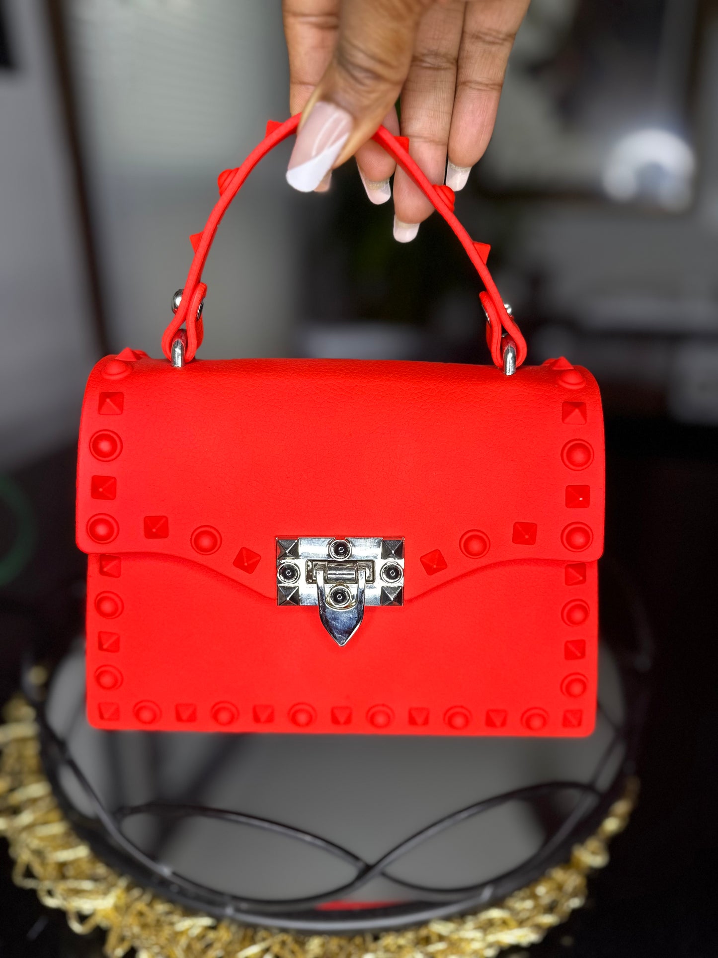 First Red Studded Jelly Mini Crossbody Bag