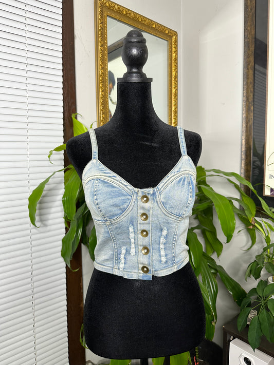 Distressed Denim Bustier Crop Top