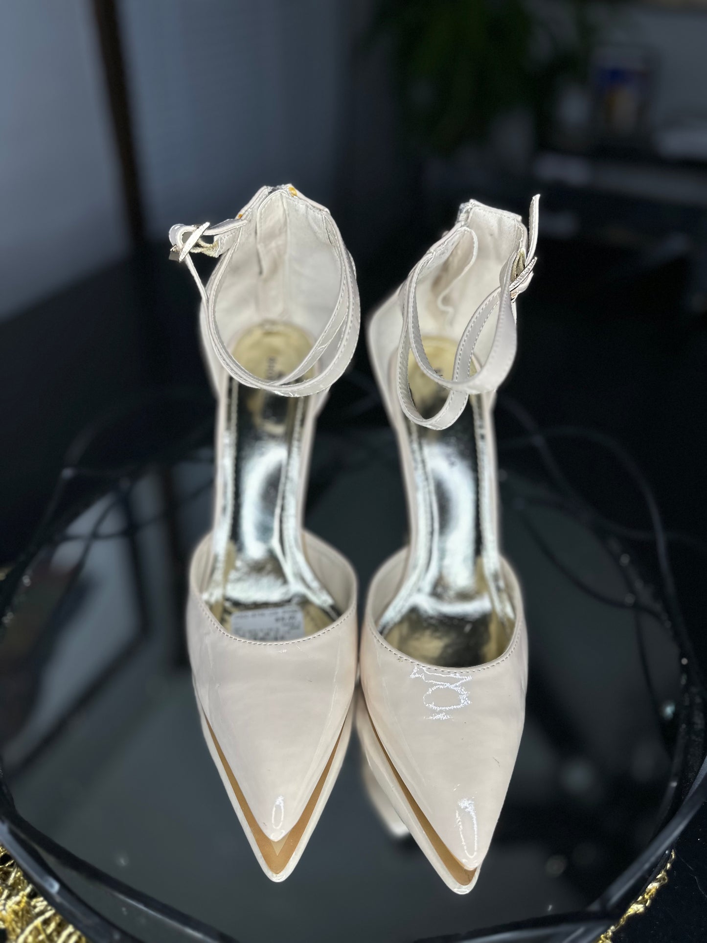 Nude Patent Leather Ankle Strap Pump