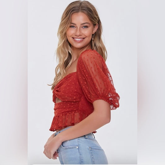 Lace Polka Dot Puff Sleeve Top