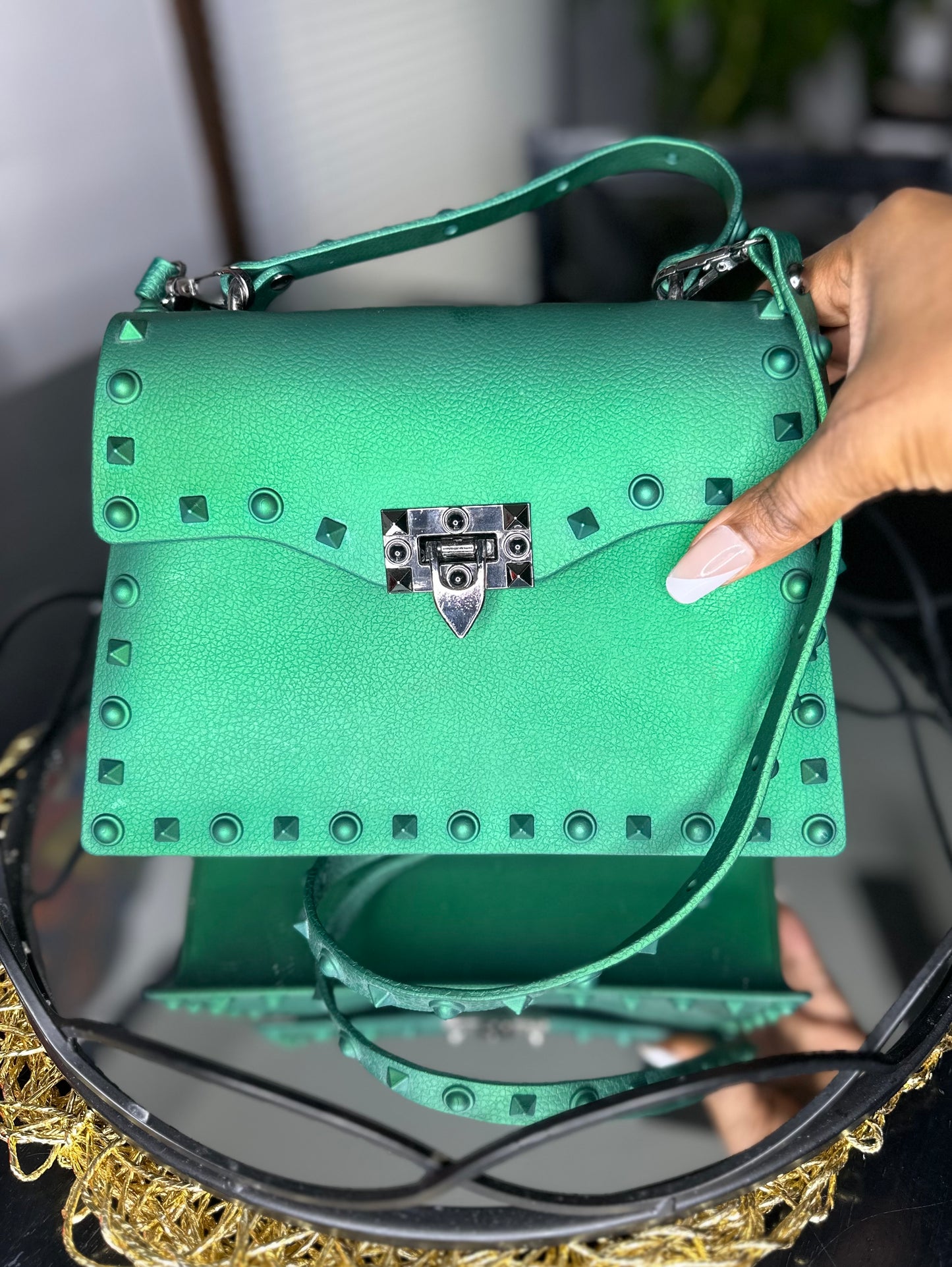 Emerald Studded Jelly Crossbody Bag