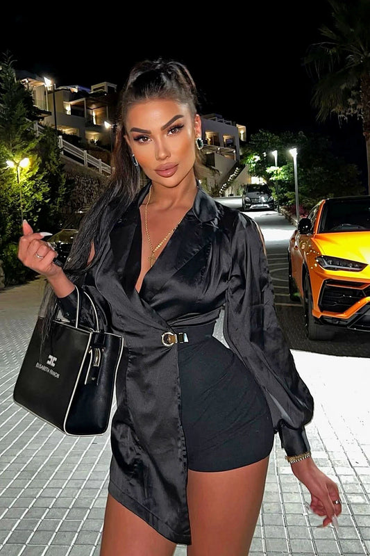Black Satin Sleeve Blazer Romper (new)