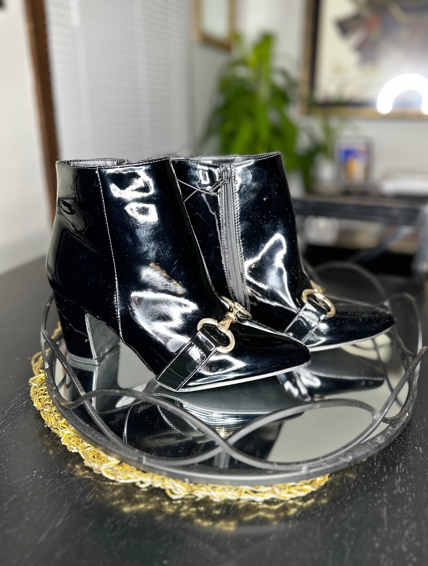 Patent Leather Gold Buckled Toe Booties