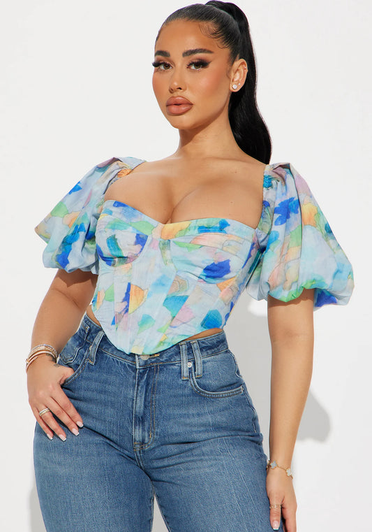 Watercolor Corset Puffed Sleeve Top