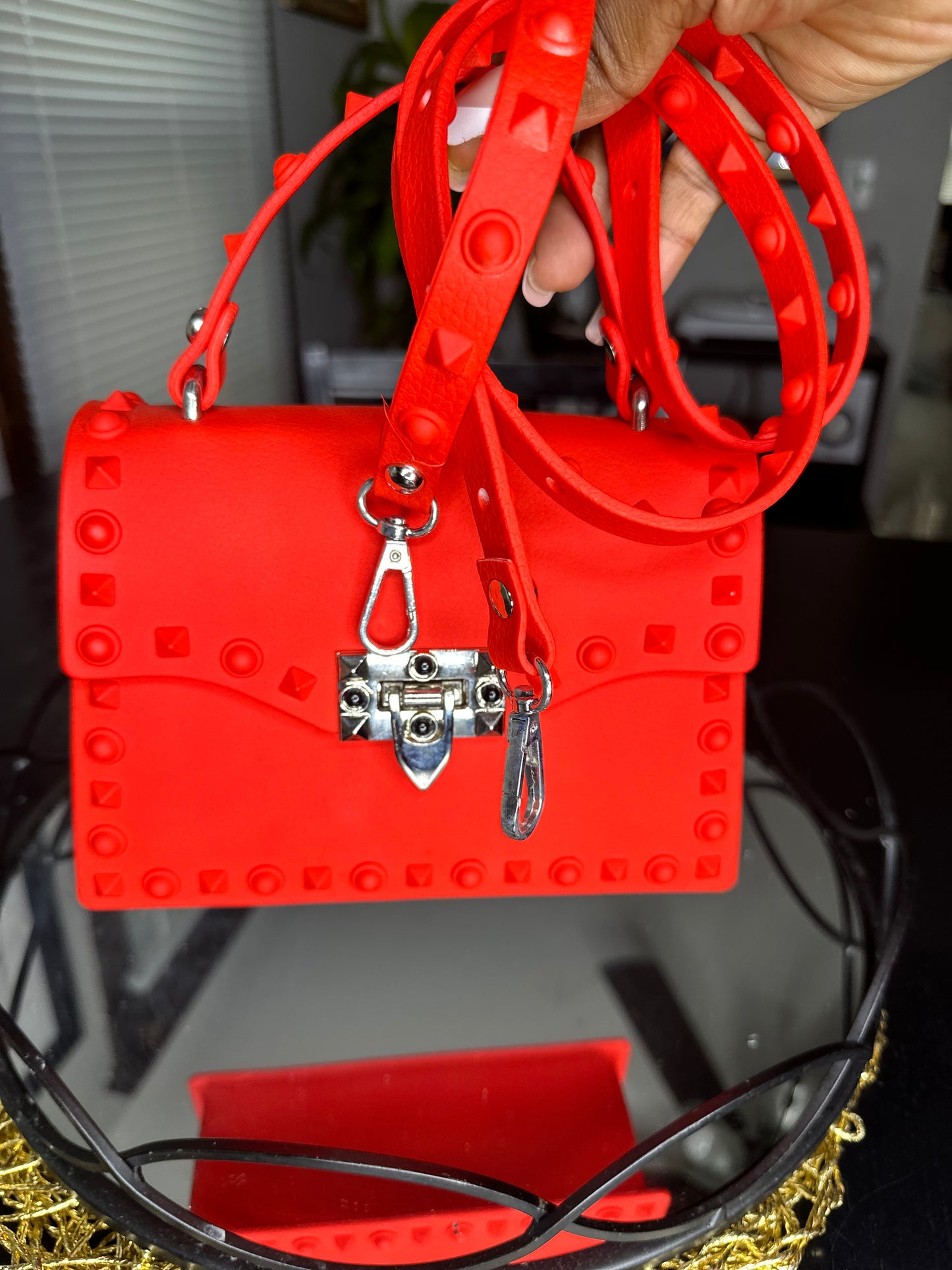 First Red Studded Jelly Mini Crossbody Bag