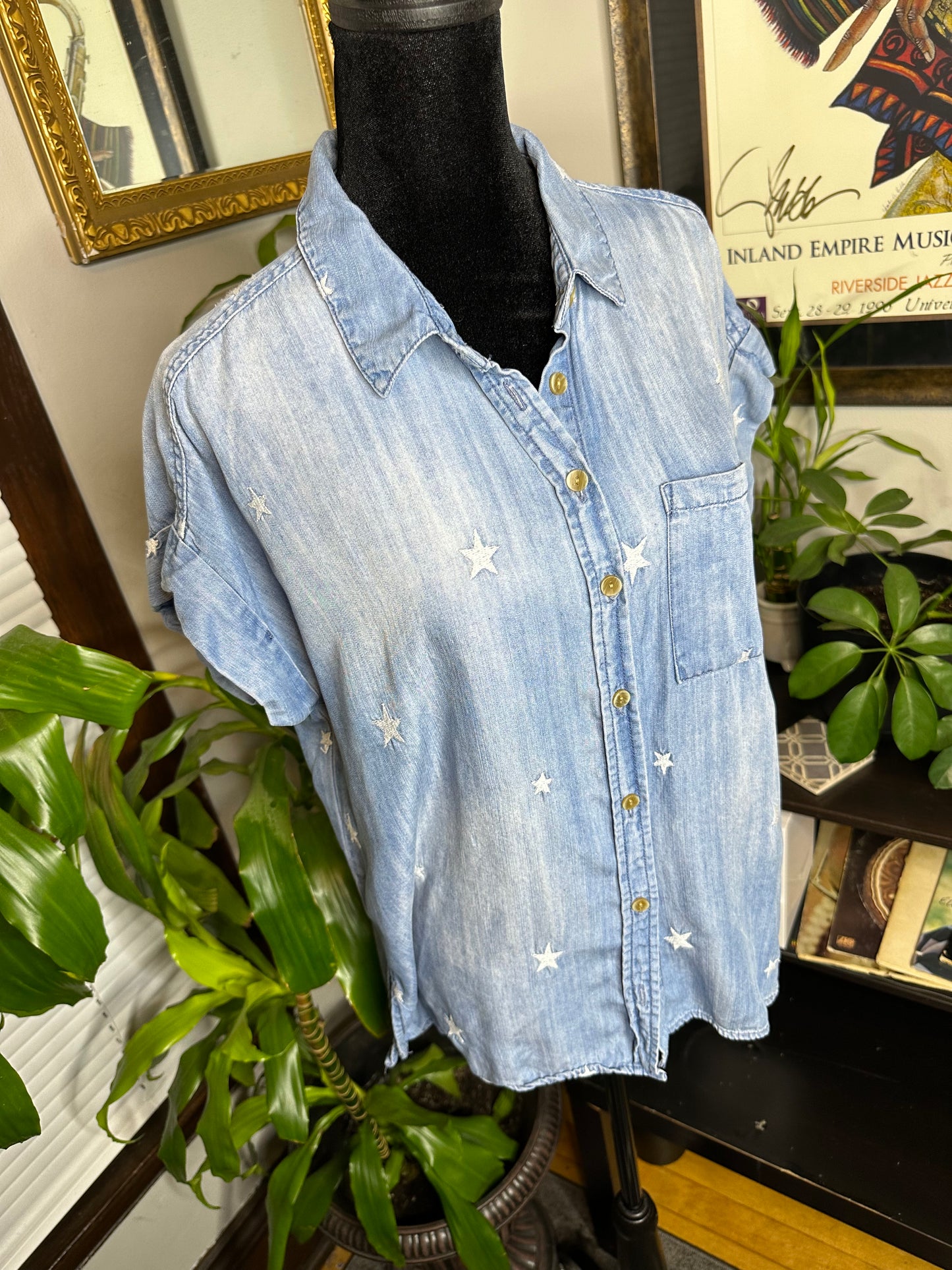 Distressed Star Denim Button Shirt