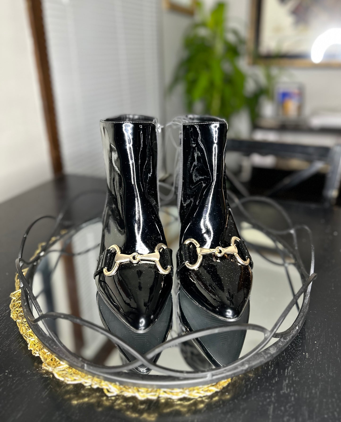 Patent Leather Gold Buckled Toe Booties