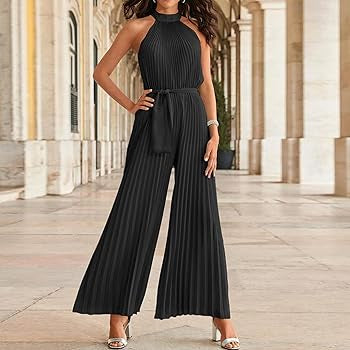 Halter Neck Pleated Sleeveless Wide Leg Long Romper Pants- Belt Not Included