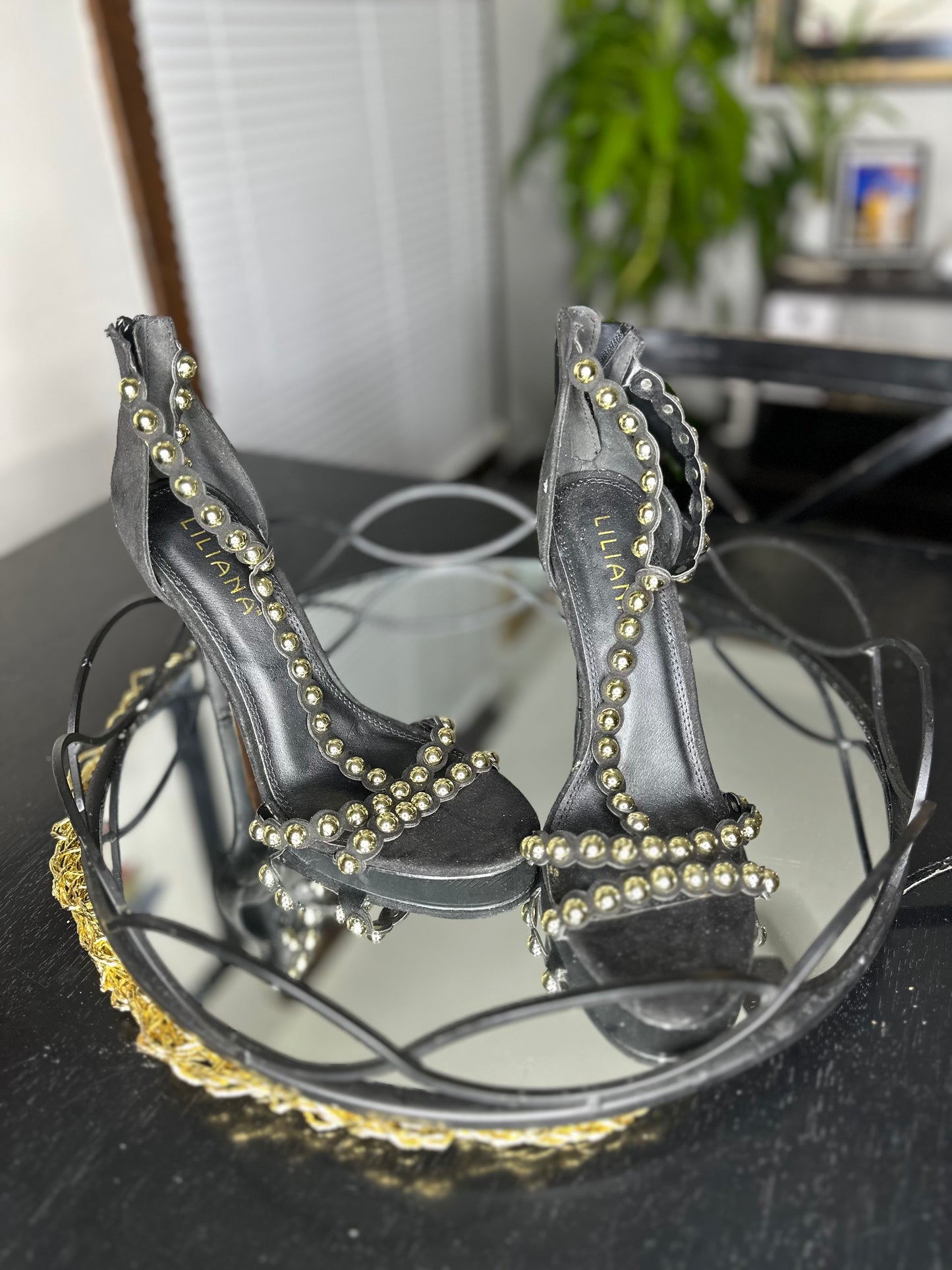 Black Gold Studded Heeled Sandals