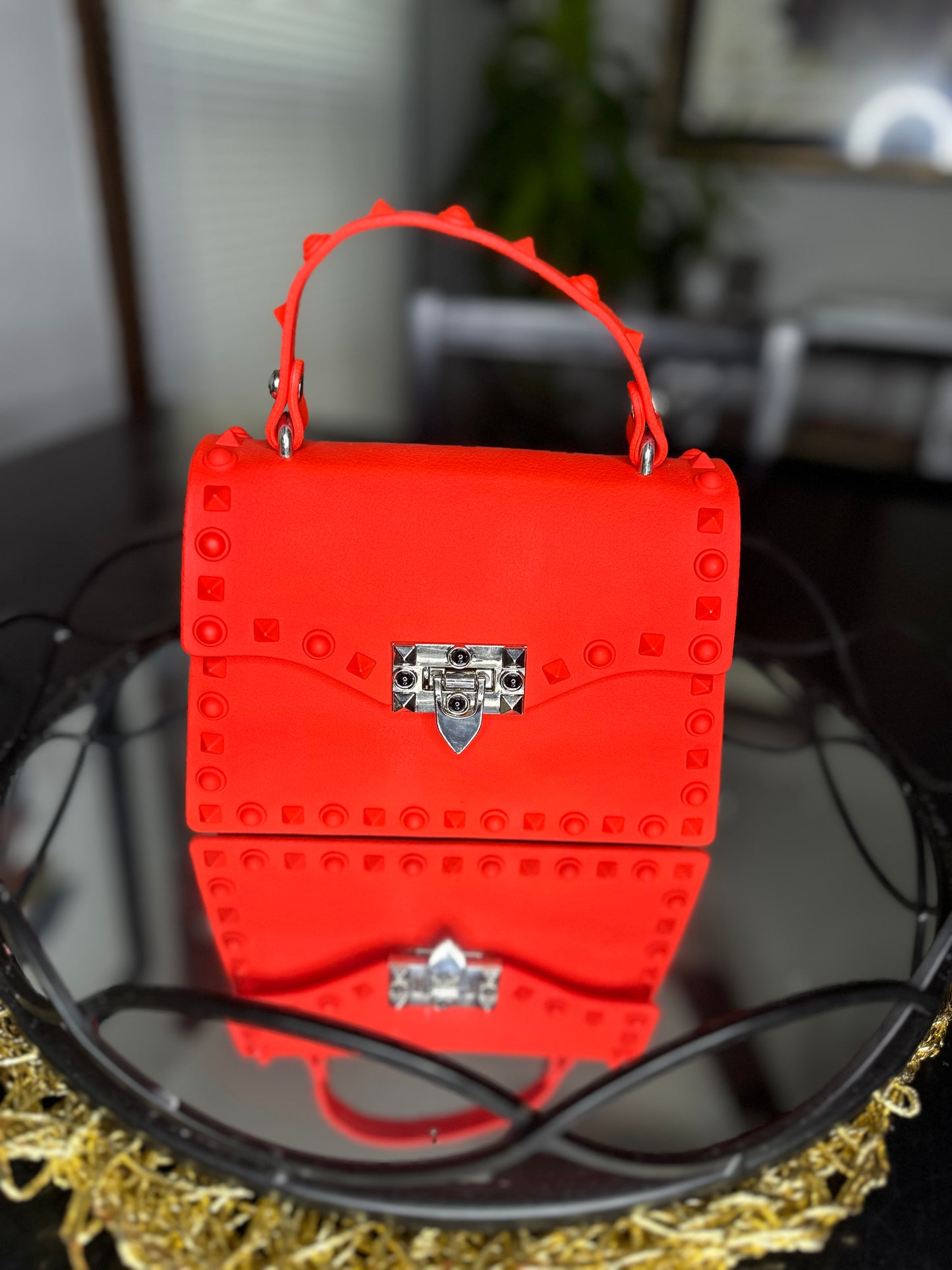 First Red Studded Jelly Mini Crossbody Bag