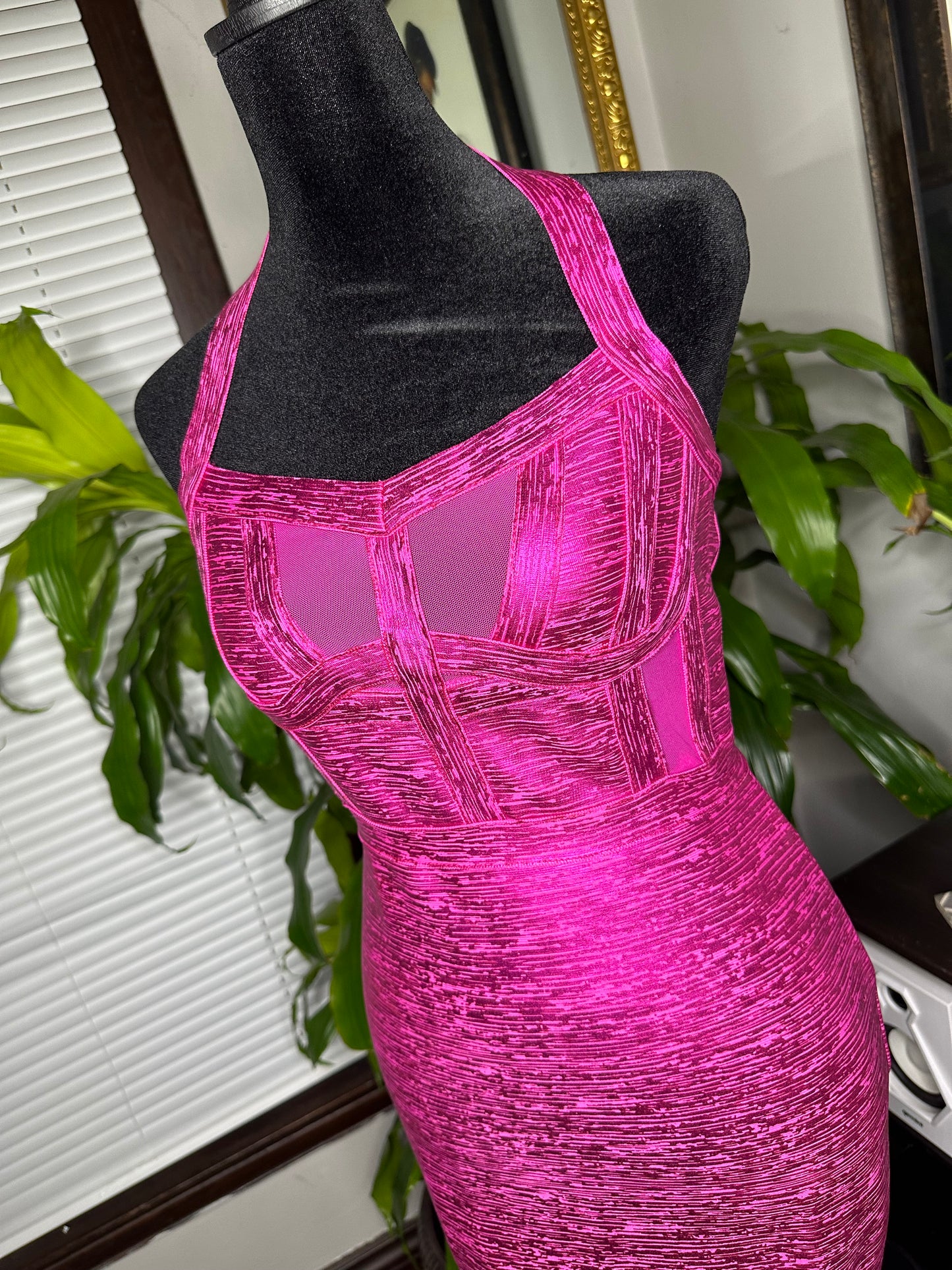 Magenta Metallic Bandage Mini Dress