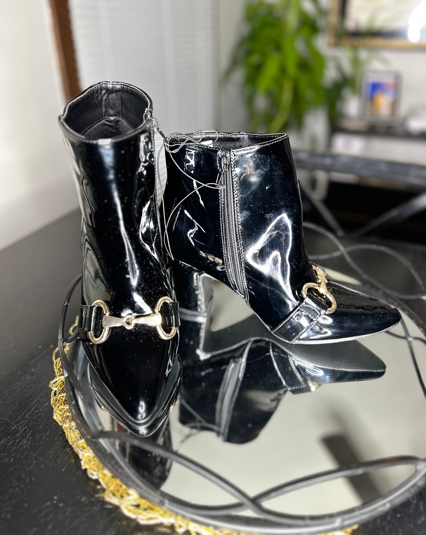 Patent Leather Gold Buckled Toe Booties