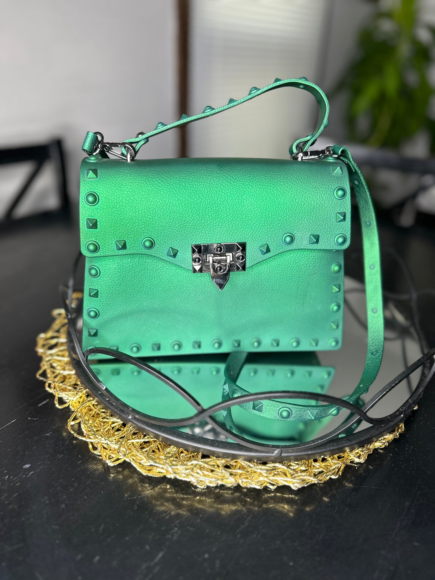 Emerald Studded Jelly Crossbody Bag