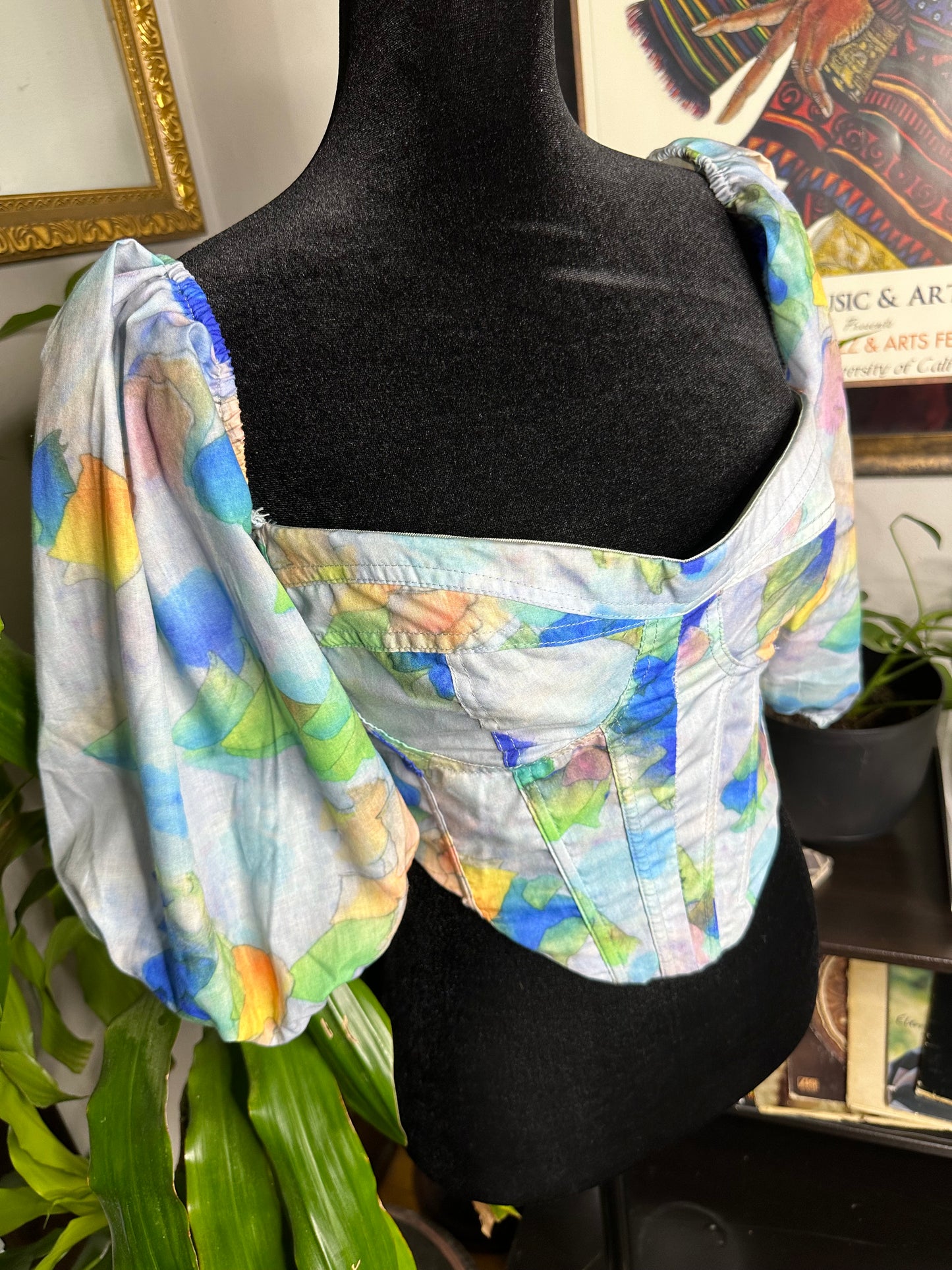 Watercolor Corset Puffed Sleeve Top