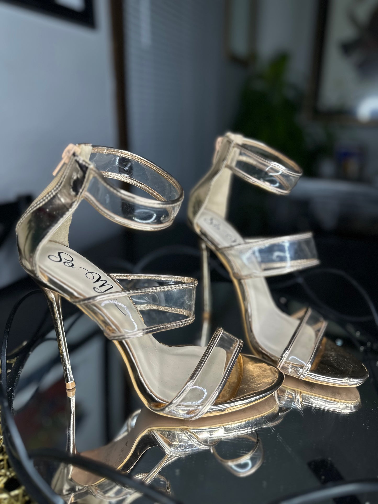 Metallic Gold Strap Zip Back Heels