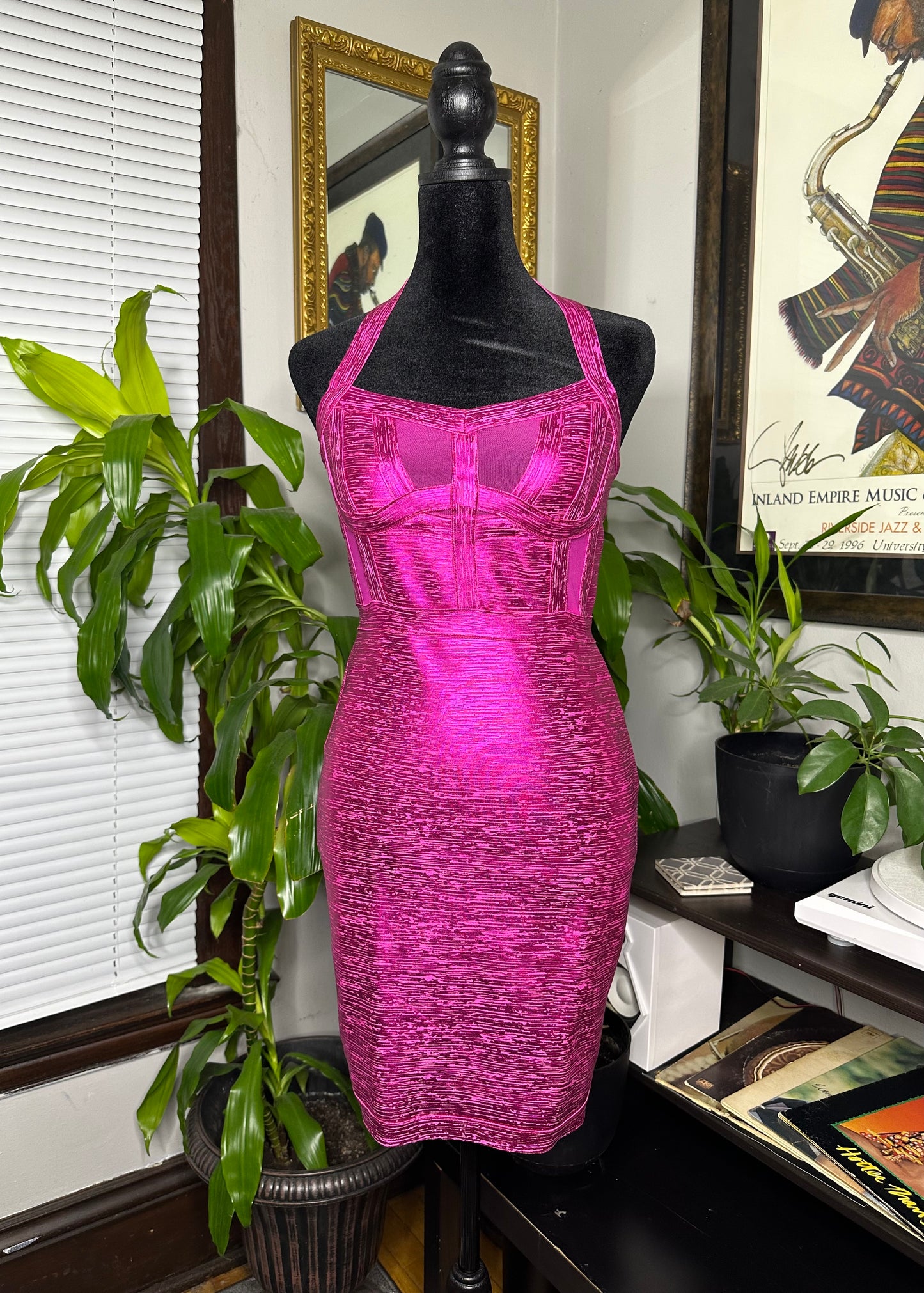 Magenta Metallic Bandage Mini Dress