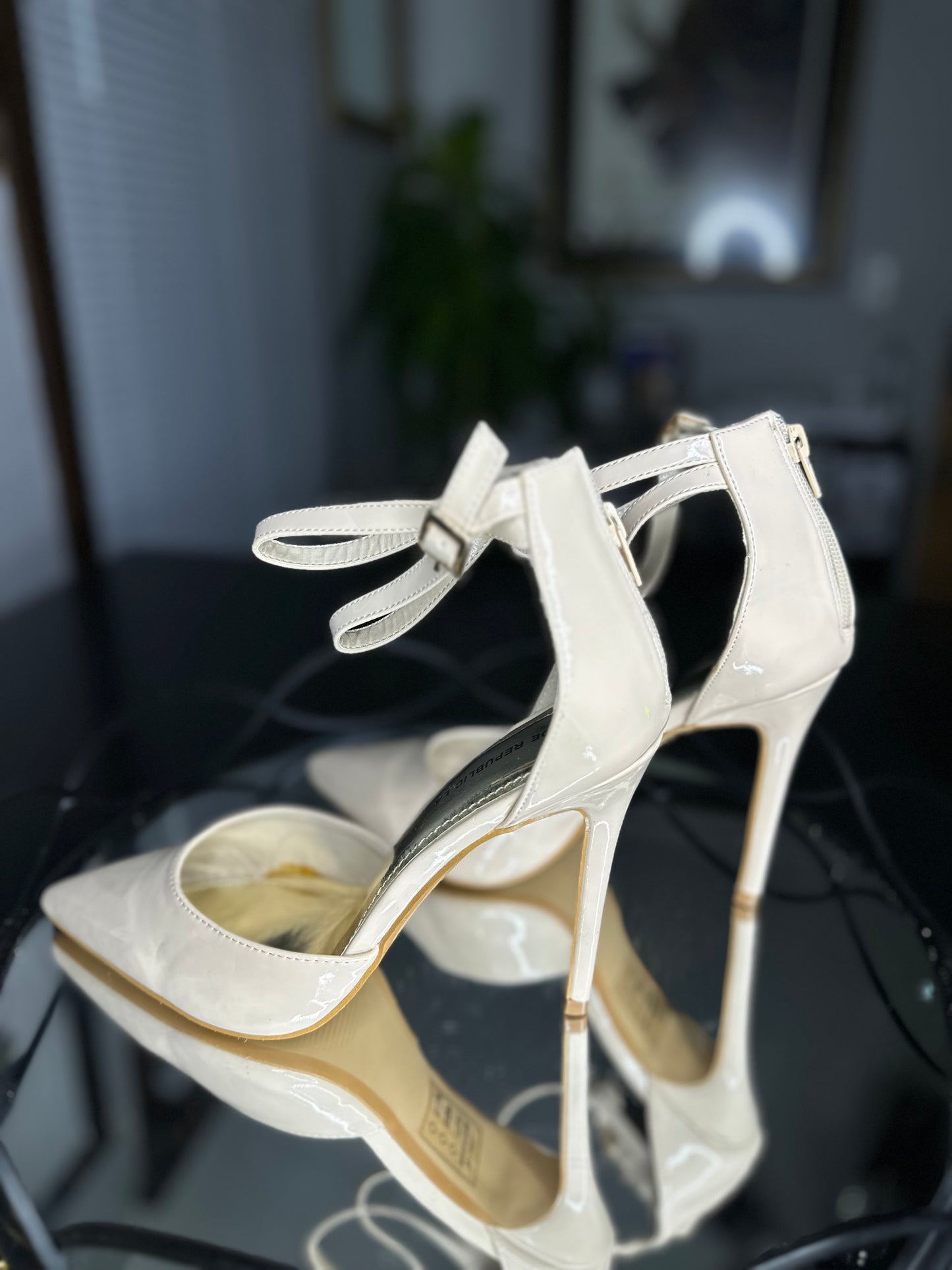 Nude Patent Leather Ankle Strap Pump