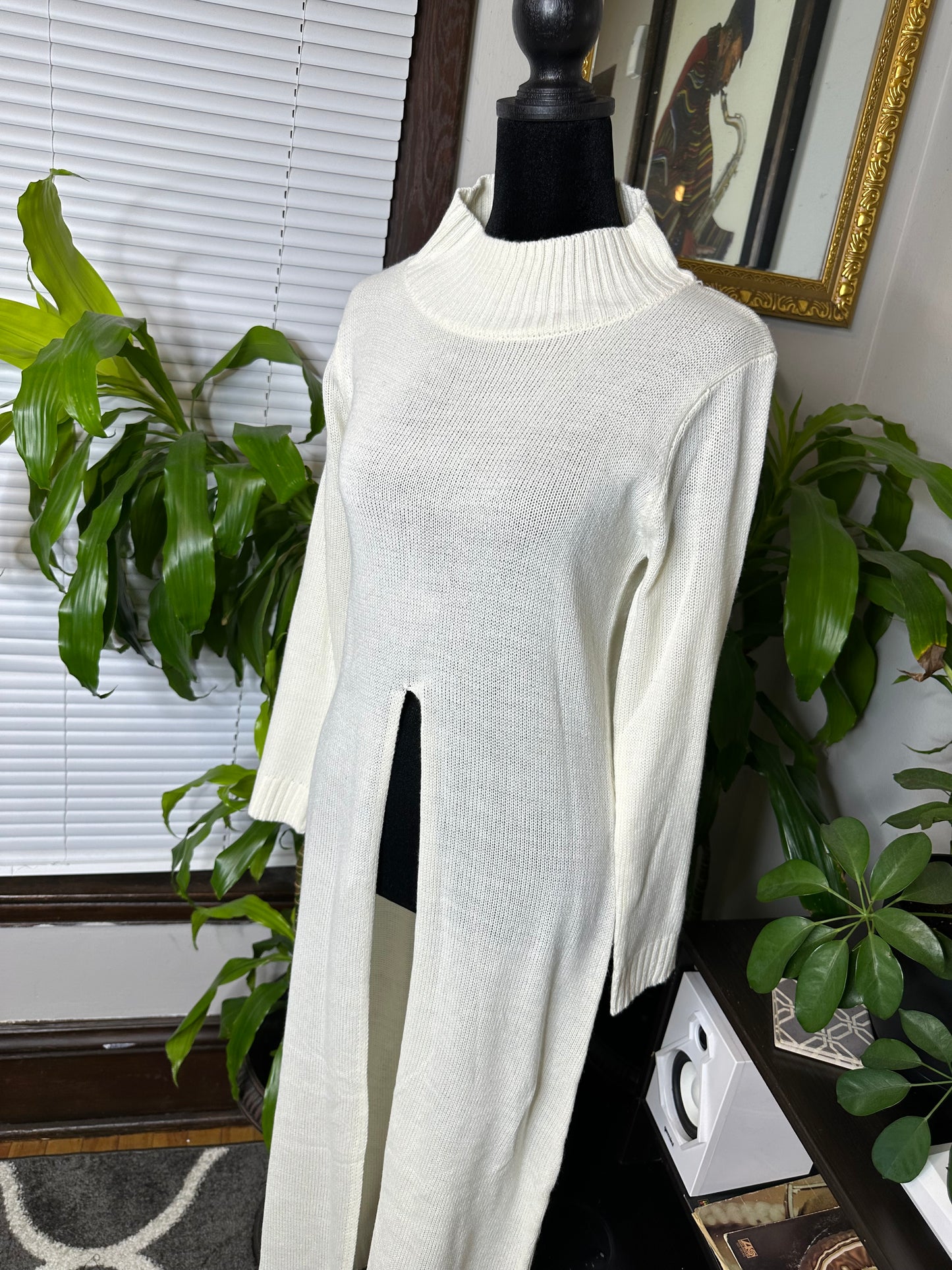 Mock Neck Split Hem Mid Length Sweater