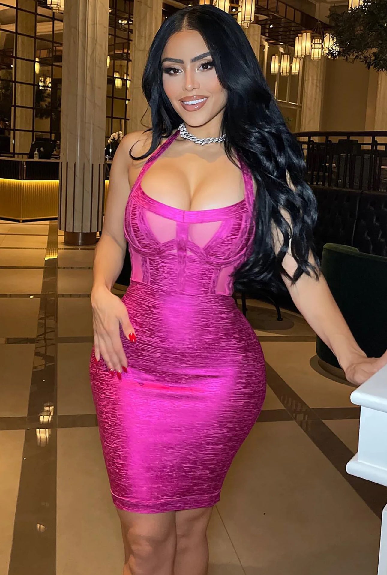 Magenta Metallic Bandage Mini Dress